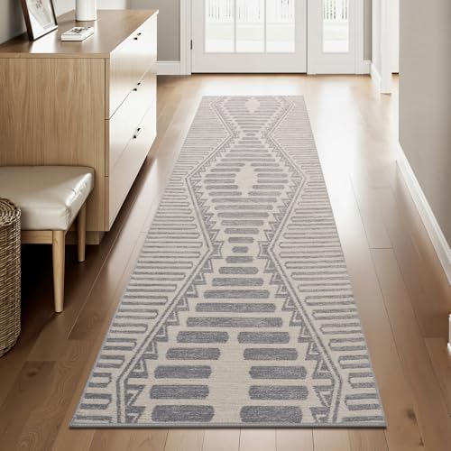 Textured Tufted Boho 2x8 ft Runner Rugs for Hallway Non Slip Hallway Runner Kitchen Bedroom Long Entryway Laundry Room Rug Washable-Grey Grey 2' x 8'