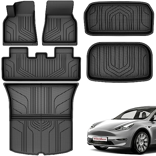 YITAMOTOR Floor Mats Compatible with Tesla Model Y 2021-2024 2025 5 Seater (Not Fit Model Y Juniper) Full Set, All-Weather Cargo Liners Rear Cargo Aut