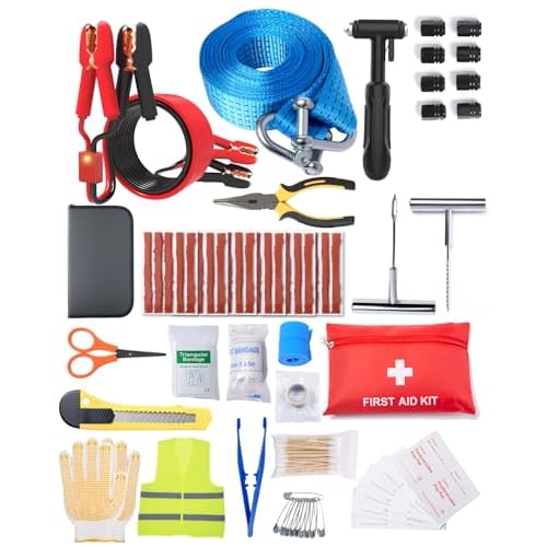 YANTU Jumper Cables for Car,110-Piece Ultimate Auto Emergency Kit,Includes Roadside Assistance,Car Safety Hammer, Tow Straps,Tire Repair,First Aid | P