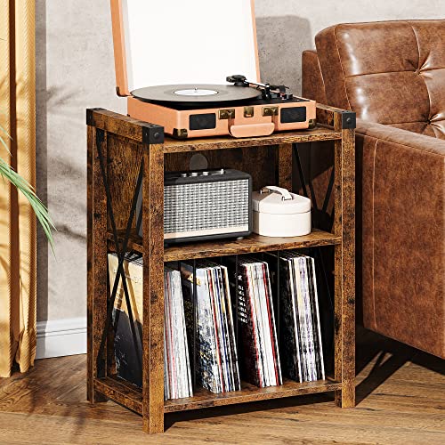 Garvee Vintage Wooden Record Player Stand with Storage, 3-Tier Rustic Side Table, X Metal Frame, MDF, 150lb Capacity, Living Room Decor