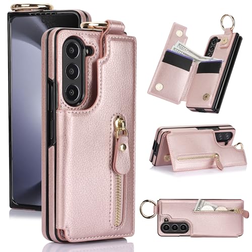 for Samsung Galaxy Z Fold 6 Wallet Case with Zipper and Credit Card Holder, Cash Slot, Luxurious Leather Magnetic Clasp Kickstand Heavy Duty Ring Prot