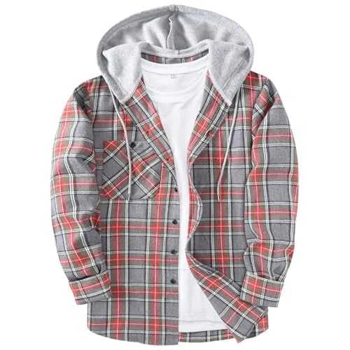 ZITY Men's Flannel Hoodie Shirts Casual Button Down Plaid Shirt Jackets for Men Long Sleeve Stylish Hooded with Pocket Medium Light Red Gray