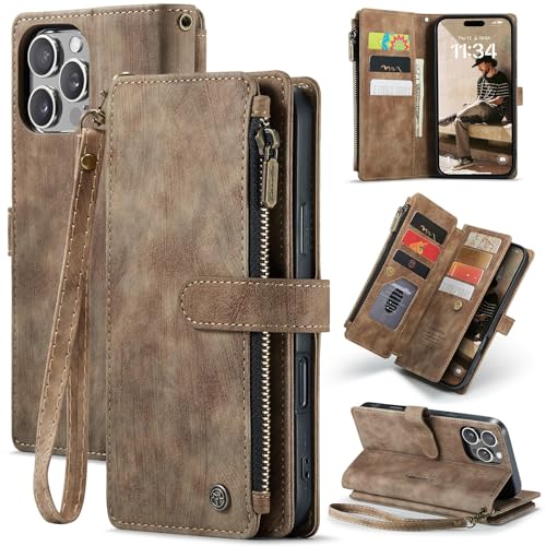 for iPhone 16 Pro Max Case with 10 Card Holder Slots Magnetic Zipper Pocket Pouch Flip KicStand Durable Premium Leather PU with Lanyard Strap Wristlet
