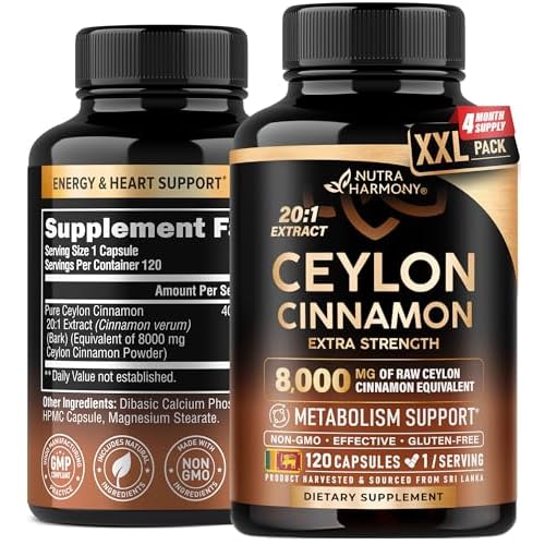Ceylon Cinnamon Capsules - Extra Strength - Energy, Heart & Metabolism Support - for Men & Women - Pure Natural Extract 20:1 Supplement - Made in USA