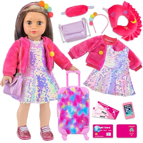 K.T. Fancy 18 Inch American Doll Clothes and Accessories, Doll Travel Suitcase Playset for Girls, Cute Travel Doll Clothes for 18 Inch Girl Doll(Not I