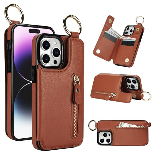 for iPhone 15 Pro Wallet Case with Zipper and Credit Card Holder, Cash Slot, PU Leather Magnetic Clasp Kickstand Heavy Duty Ring Protective Cover.(Bro
