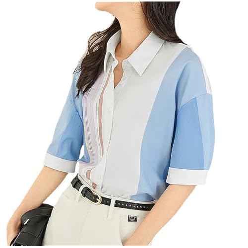 Women Puff Short Sleeve Blouse Trendy Striped V Neck Shirt Summer Business Casual Outfit Cute Babydoll Boho Loose Tops 05blue Large