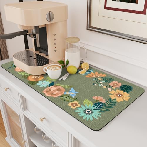 AMOAMI Coffee Mat Hide Stain Rubber Backed Absorbent Dish Drying Mat for Kitchen Counter - Fits Under Coffee Maker or Machine - Floral GREEN 17x31.5 G