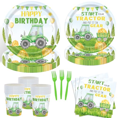 120PCS Tractor Birthday Party Supplies for Boy, Tractor Theme Birthday Decorations Tableware, 24Pcs Paper Dinner Plates 9'', Dessert Plates 7'', Cups,