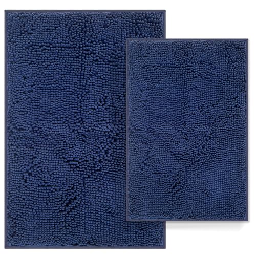 Navy Blue Bathroom Rug Mat, Extra Thick and Absorbent Bath Rugs, Non-Slip Bath Mat Set, Chenille Soft Plush Shaggy Bathroom Carpet Set, Washable Bath