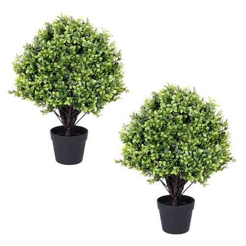 24" Boxwood Topiary Trees Artificial Outdoor Faux Plants Set of 2, UV-Resistant Realistic Fake Bushes & Shrubs Greenery for Planters Front Porch Outsi