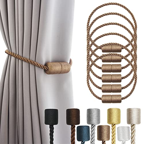 6 Pack Khaki Strong Magnetic Curtain Tiebacks Outdoor Elegant Decorative Tie Backs Modern Rope Tiebacks for Drapes Window Curtain Holdbacks for Draper