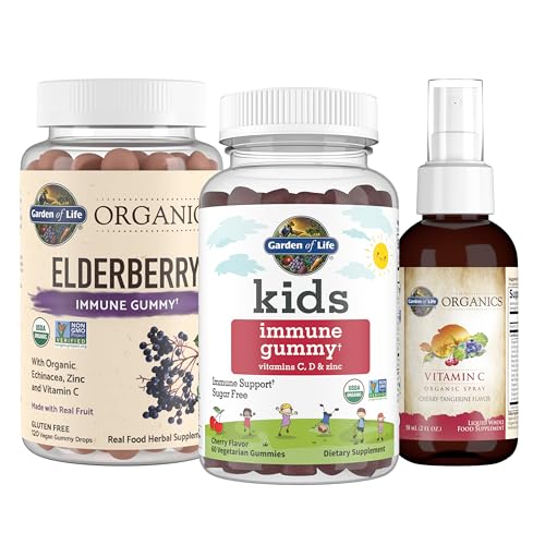 Garden of Life Immune Support Bundle: Organics Elderberry Gummies with Echinacea, Zinc 120 Count + Kids Immune Gummy 60ct - Cherry + Organics Vitamin
