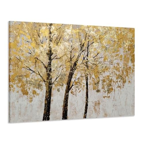 Yihui Arts Tree Painting with Gold Foil - Hand Painted Landscape Canvas Wall Art for Farmhouse Living Room, Bedroom, and Bathroom Decor 36"L x 24"W Go