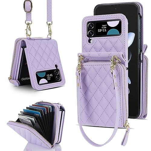 for Samsung Galaxy Z Flip 3 Zipper Wallet Case with Accordion Card Holder, 8 Card Slots Large Capacity and Anti-Theft Security.(Purple) Purple Samsung