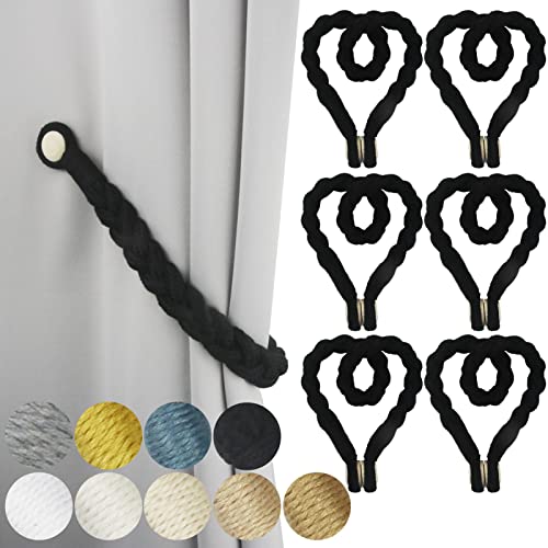 6 Pack Magnetic Soft Curtain Tiebacks Cotton Hand-Woven Tieback Holdback Home Decorative Tie Backs with Wooden Buckle for Home Office Decor (Black, 6)