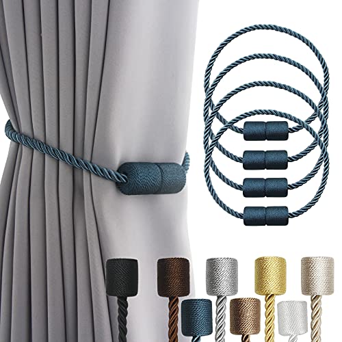4 Pack Blue Strong Magnetic Curtain Tiebacks Outdoor Elegant Decorative Tie Backs Modern Rope Tiebacks for Drapes Window Curtain Holdbacks for Draperi