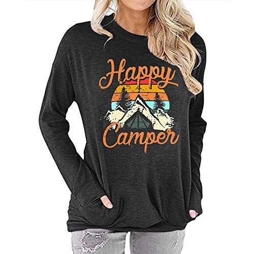 Fuyxxmer Happy Camper Sweatshirt Women Vintage Mountain Graphic Tee Long Sleeve Pullover Blouses Top Shirts with Pockets Darkgrey Small