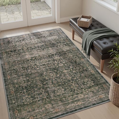 MontVoo-Vintage Area Rug 3x5 Green Rugs for Living Room-Soft Distressed Printed Rugs for Bedroom-Non Slip Carpet-Machine Washable Rug for Dining Room