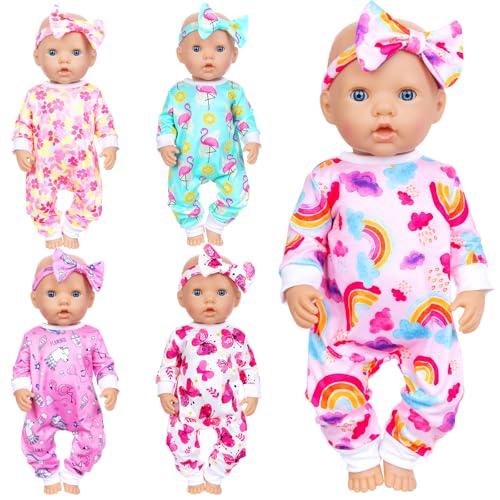 Ecore Fun 5 Sets Doll Clothes and Headbands - Accessories for 14-16 Inch Dolls, Total 10 pcs - Cute Pattern Jumpsuit for 15 & 18 Inch Dolls