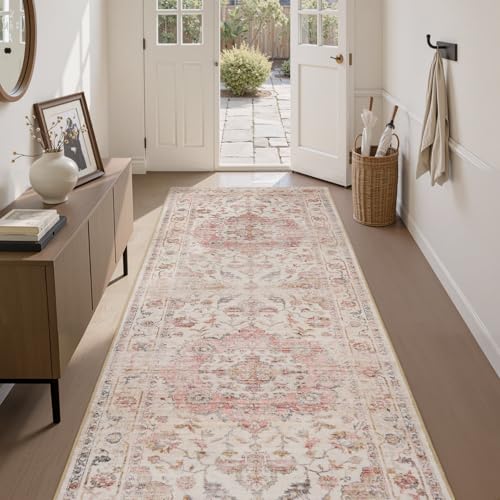 PADOOR-Vintage Runner Rug 2X10 Runners for Hallways-Soft Pink Washable Bedside Rugs for Bedroom-Non Slip Long Rug for Hallways Entryway Laundry Room S