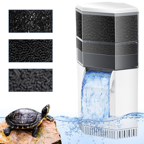 AquaMiracle Turtle Tank Filter 225GPH 3-Stage Super Quiet Low Water Level Filter for 10-40 Gallon Water, Waterfall Reptile Filter for Turtle Habitats