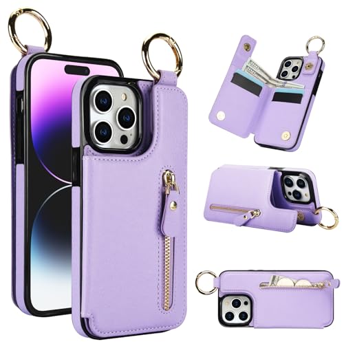 for iPhone 14 Pro Wallet Case with Zipper and Credit Card Holder, Cash Slot, PU Leather Magnetic Clasp Kickstand Heavy Duty Ring Protective Cover.(Pur