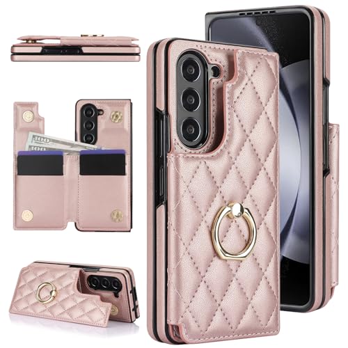 for Samsung Galaxy Z Fold 5 Wallet Case with Ring and Credit Card Holder, Cash Slot, Premium Diamond Leather Magnetic Clasp Kickstand Heavy Duty Prote