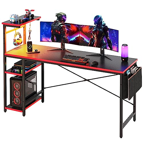 Bestier 61 Inch Gaming Desk with LED Lights, Reversible Shelves, Height Adjustable Shelf, Steel Frame, CARB P2 Class Board, Black 3D Carbon Fiber 61 I