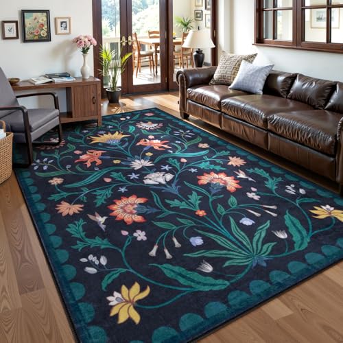 Lahome Boho Floral Washable Dark Blue 6x9 Area Rugs for Living Room, Non Slip Rugs for Bedroom, Indoor Throw Dining Room Carpet for Under Table Home O
