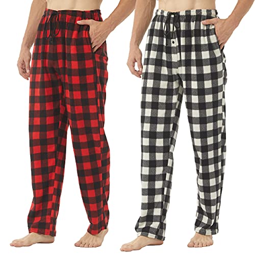 2-3 Pack Mens Pajama Pants Mens Fleece Plaid Lounge Pajama Bottoms Sleepwear Pjs with Pockets Large 2 Pack-red-Gray&white