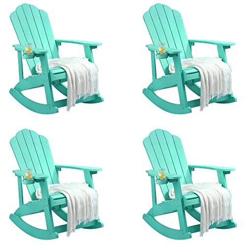 YITAHOME Outdoor Rocking Adirondack Chair Set of 4, Heavy Duty Plastic Rocking Chairs with Rotatable Cup Holder, Oversized Rocker Chair for Garden Law