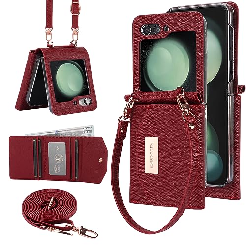 for Samsung Galaxy Z Flip 5 Wallet Case with Built-in Leather Cash Slot and Credit Card Holder. Wristlet Strap and Hinge Protection, Carrying Handbag