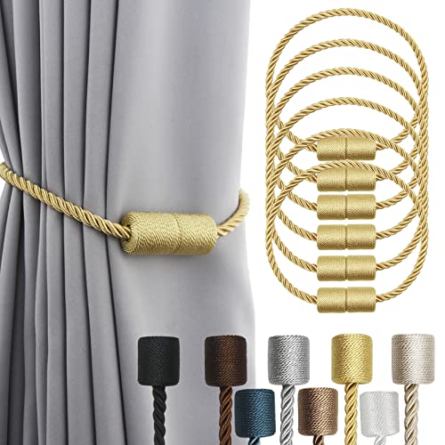 6 Pack Gold Strong Magnetic Curtain Tiebacks Outdoor Elegant Decorative Tie Backs Modern Rope Tiebacks for Drapes Window Curtain Holdbacks for Draperi