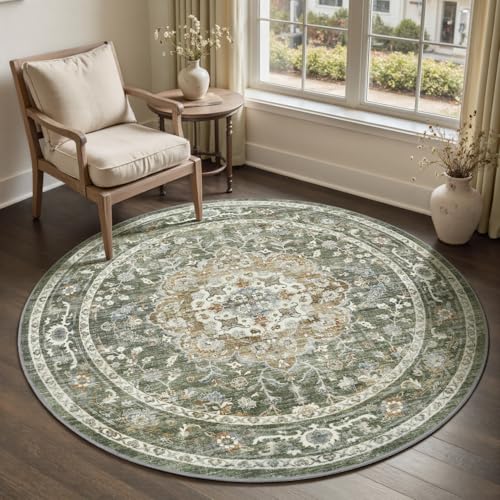 PADOOR-Vintage 6FT Round Rug-Rugs for Living Room-Soft Olive Green Circle Rug-Machine Washable Rugs for Bedroom-Non Slip Carpet-Rug for Dining Room Li