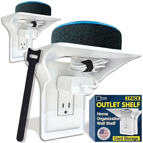 Power Perch Wall Outlet Shelf with Cord Storage Strap – Bathroom Shelves for Electric Toothbrush, Small Wall Shelf for Bedroom – Use as Echo Holde