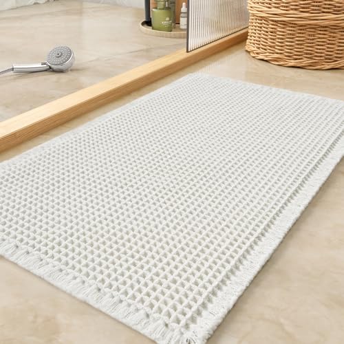 Waffle Bath Mat Rug, Super Absorbent Non Slip Bath Mats for Bathroom Mat Ultra Soft Bathmat Machine Washable Bathroom Rugs with Tassels, Bath Rugs for