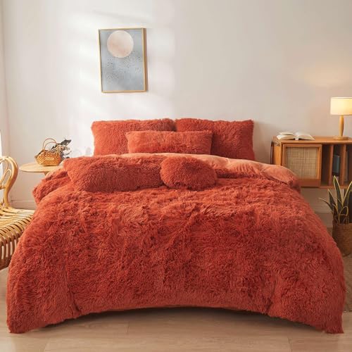 Fluffy Burnt Orange comforters Cover Twin Size - Ultra Soft Plush Bedding Sets 2 Pieces (1 Faux Fur Comforter Cover + 1 Fuzzy Pillow case) Girls Shagg