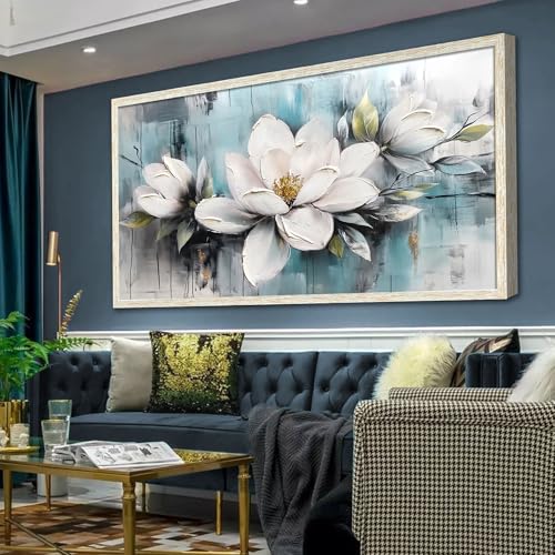 Ardemy Magnolia Wall Art Framed Large Canvas Wall Decor Living Room, White Floral Painting Wall Decor Textured Pictures Teal Flower Artwork for Bedroo