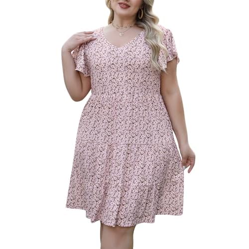 Celkuser Womens Plus Size Casual Summer Dresses Ruffle Sleeve Tiered Swing Midi Dress with Pockets 14 Plus Pink White