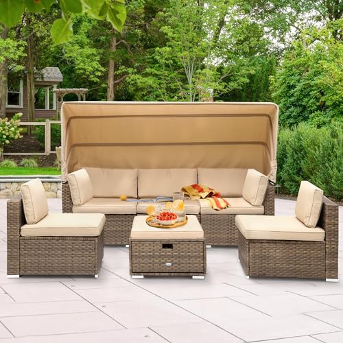 YITAHOME Outdoor Patio Wicker Daybed Furniture Set with Retractable Canopy, Storable Side Table, and Soft Cushions for Relaxing in Your Backyard or Po