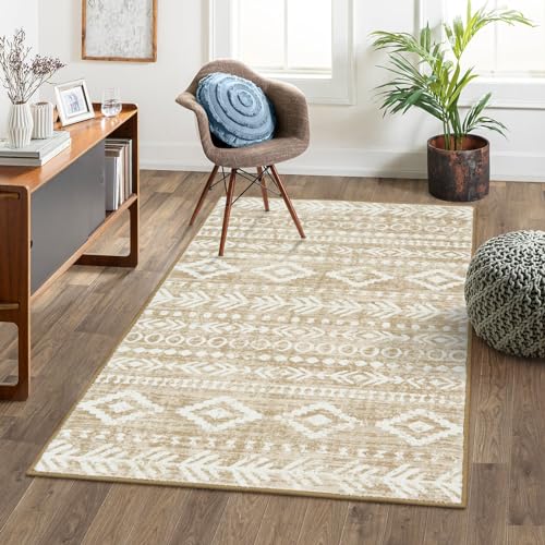 Lahome Boho Geometric 3x5 Rug, Low-Pile Soft Washable Tan Bedroom Rug Non-Slip, Rustic Tribal Print Pattern Large Bathroom Rugs Indoor Throw Rug Carpe