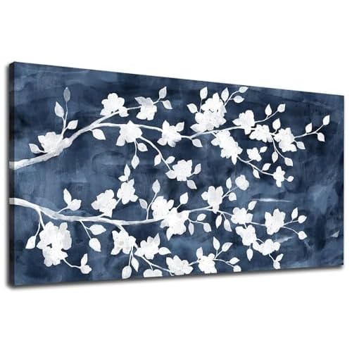 NINEASO Abstract Flowers Canvas Wall Art - Gray White Tree Floral Branches Pictures Wall Decor White Blossom Deep Indigo Blue Background Painting Artw