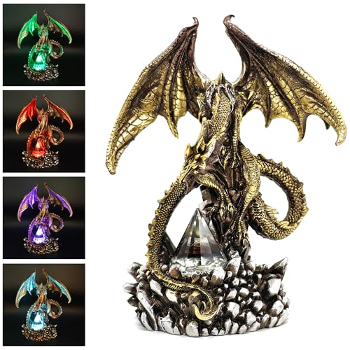 Dragon Guarding Faux Crystal Statue Fantasy Decoration Figurine - Medieval Decor for Tabletop Bookshelf,Dragon Lovers Gift Housewarming Gifts（Gold�
