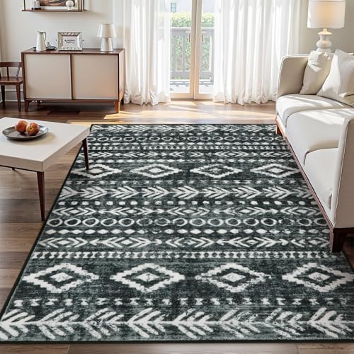 Lahome Boho Moroccan Area Rugs 6x9, Washable Black White Living Room Rug Low-Pile Soft Rugs for Bedroom Non-Slip, Farmhouse Tribal Print Large Carpet