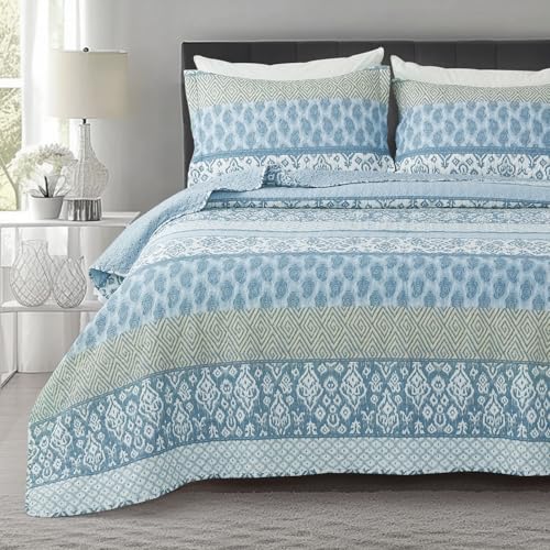 KASENTEX Country-Chic Printed Pre-Washed Quilt Bedding Set - Microfiber Fabric Quilted Pattern Bedding (Multi-Blue C, Queen + 2 Shams) QUEEN + 2 Shams