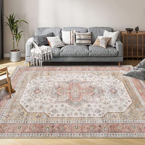 Garvee Washable Floral Print Area Rug, 8x10 Traditional Vintage Boho Indoor Carpet, Non-Shedding Low Pile Floor Mat with Non-Slip Rubber Backing for B