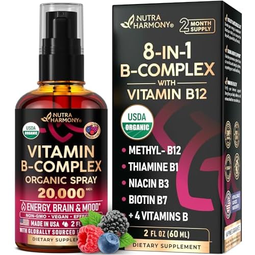 USDA Organic Vitamin B-Complex Liquid Spray 8-in-1 - B5 Pantothenic Acid | B12 Methylcobalamin | B1 Thiamine | B6 Pyridoxine | B7 Biotin | B9 Folic |