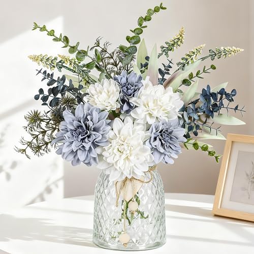 Der Rose Fake Flowers in Vase Silk Artificial Navy Blue Flowers Arrangements with Glass Vase for Dinning Coffee Table Centerpieces Home Kitchen Farmho
