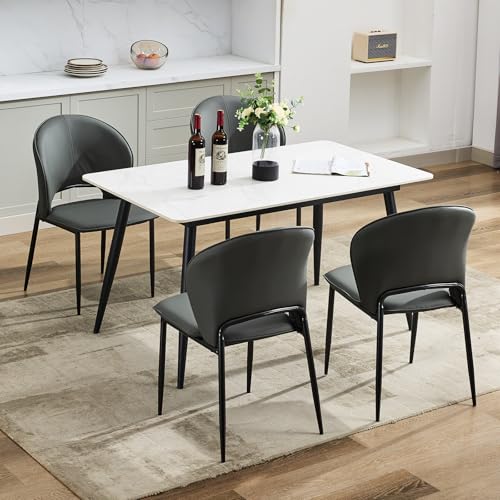 Dining Chairs Set of 4 Upholstered Mid Century Modern Chair with Metal Legs Mid-Back Accent Chair Faux Leather for Kitchen and Dining Room (Grey,4 Pac